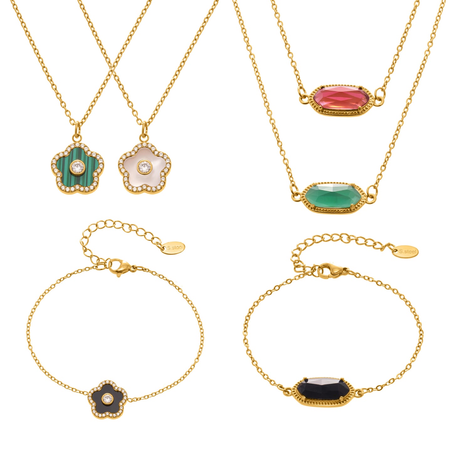 B廠【TXP453】不銹鋼天然水晶石切面爪鑲鋯石方塊五葉花吊墜項鍊手鍊套裝
 25.10-4