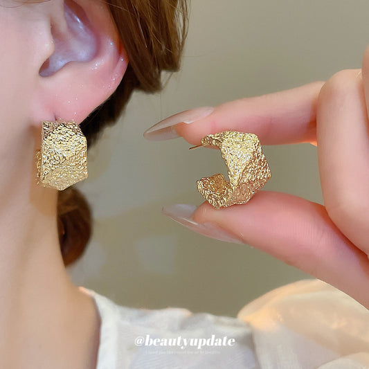 A廠【HE26092】925銀針褶皺幾何C型耳環個性獨特設計耳環輕奢高級感耳飾設計感小眾 25.04-4