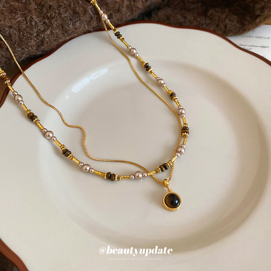 A廠【HN10420】18k真金電鍍虎眼石珍珠串珠項鍊美拉德高級感鎖骨鏈復古國潮頸鍊
 25.10-5