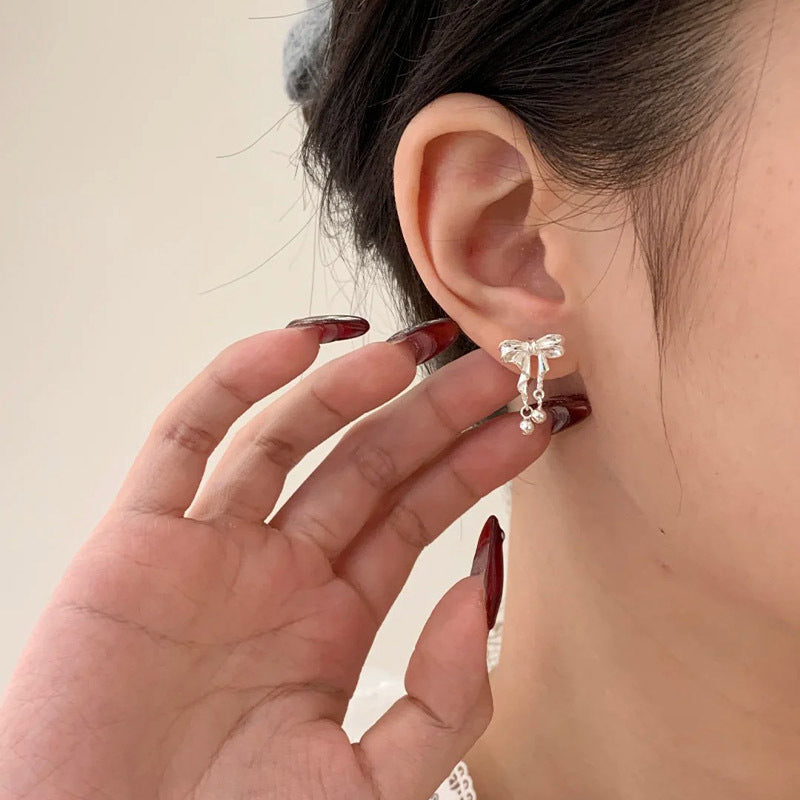 F廠【DQ10790E】999足銀韓系ins風蝴蝶結耳環女小清新甜美圓珠流蘇高級感耳飾 25.04-4