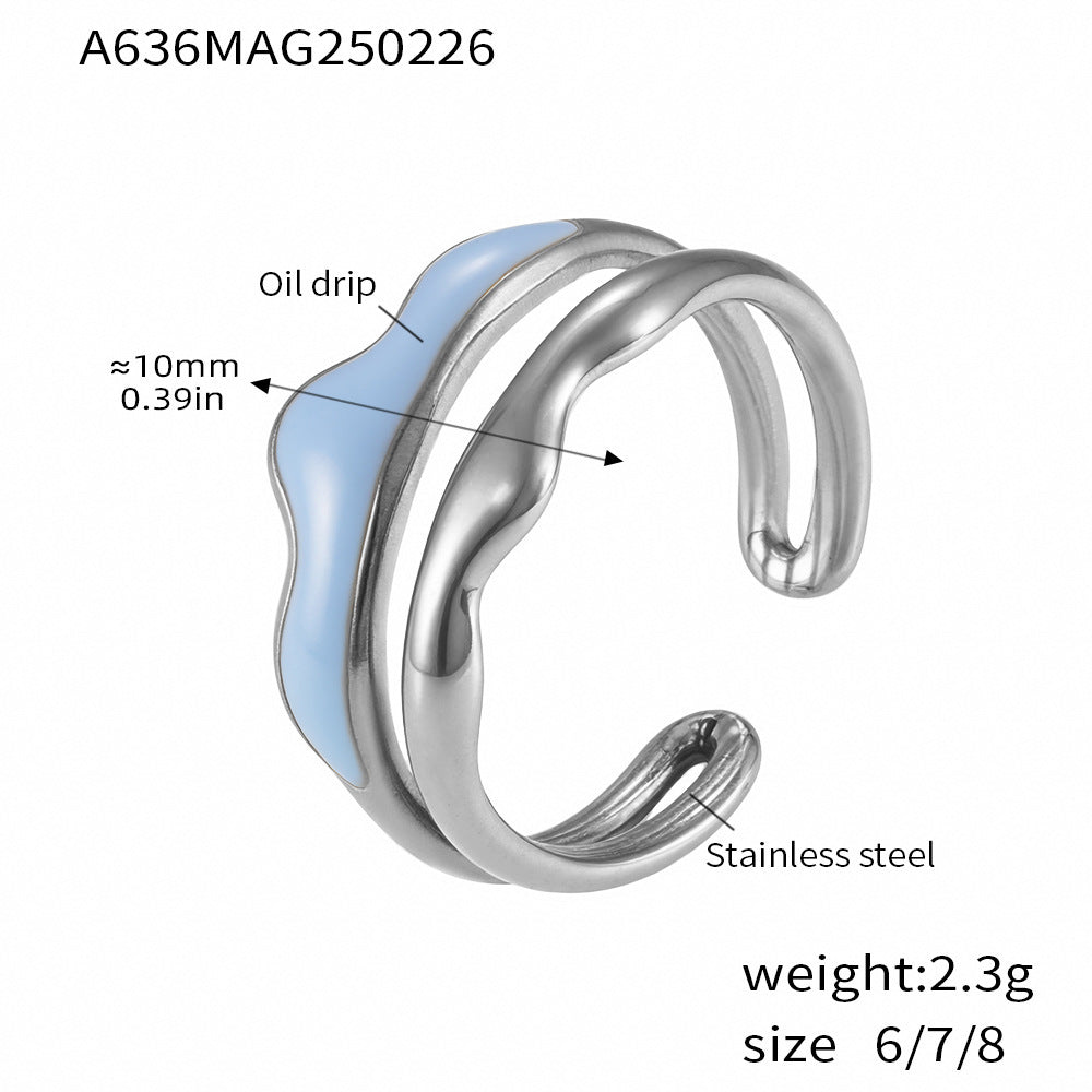 B廠【A636】歐美飾品不鏽鋼砝碼彩釉幾何雙層開口戒指鍍18k金保色指環 25.03-1