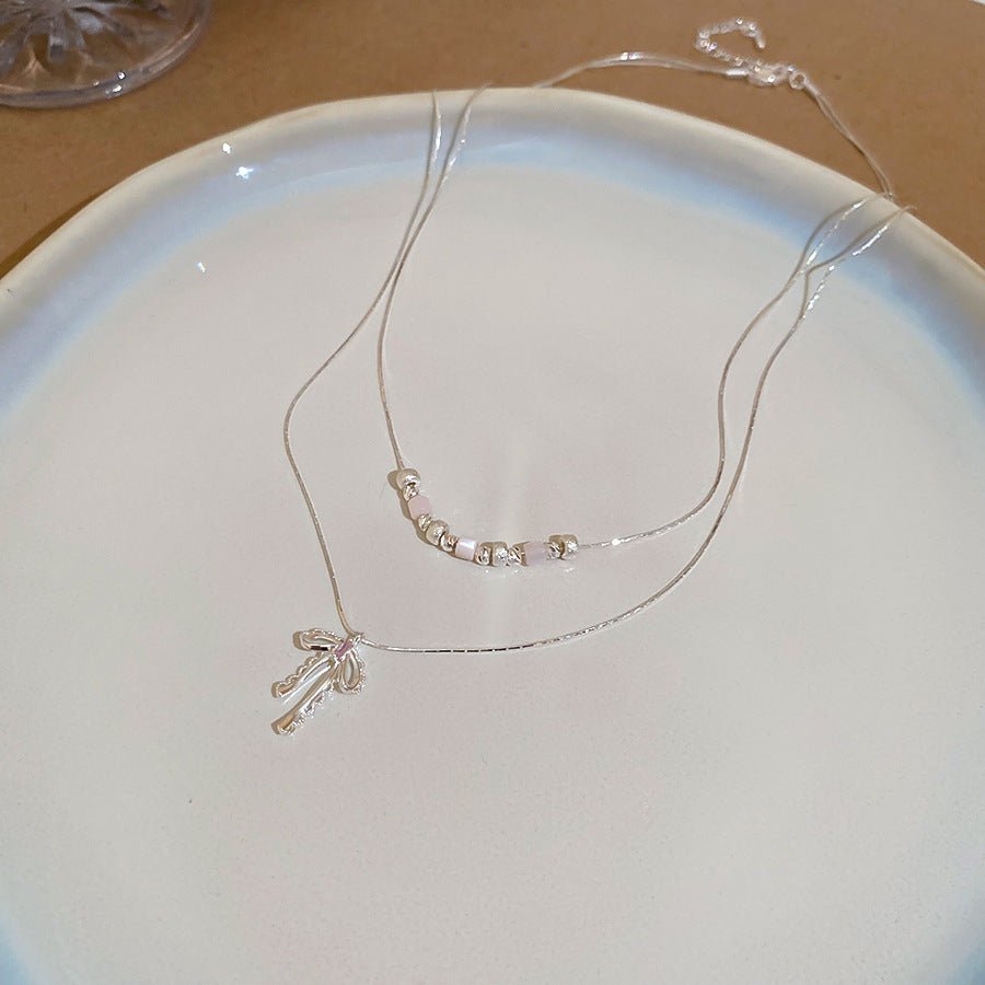A廠【HN9212】松石鋯石蝴蝶結吊墜雙層項鍊時尚冷淡風鎖骨鏈輕奢高級感頸鍊 25.06-4