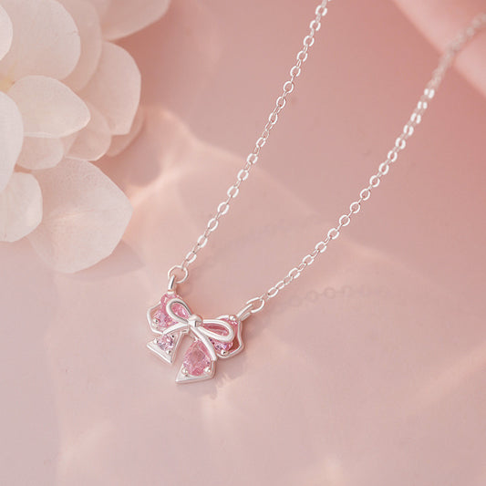E廠【YC1484N】S999足銀粉鋯蝴蝶結項鍊可愛清新在逃公主設計藝術鎖骨鏈 25.06-2