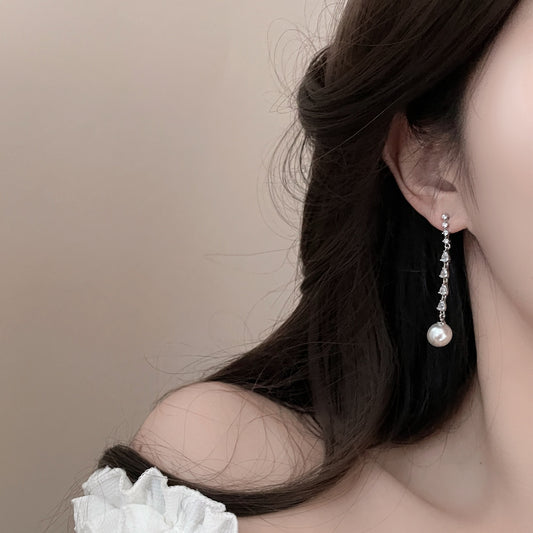 F廠【DQ10005E】法式優雅長款流蘇仿珍珠耳環女S925銀超閃水滴鋯石名媛風耳飾 25.08-3