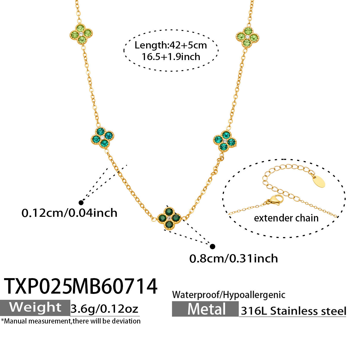 B廠【TXP025】歐美多巴胺系列四葉花不銹鋼鍍18k金 鑲嵌鋯石項鍊手鍊女飾品套裝
26.07-4