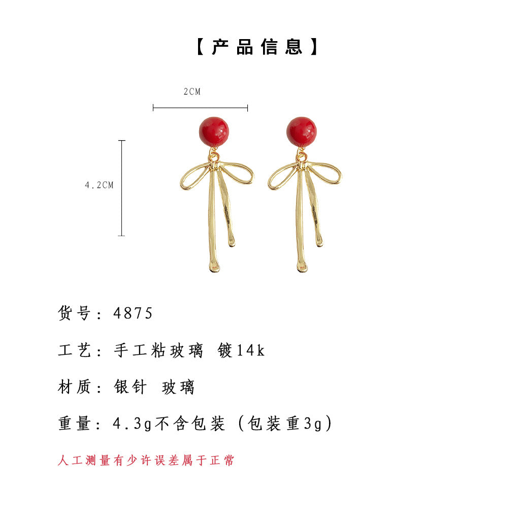 C廠【4875】玻璃珍珠一款兩戴蝴蝶結鍍14K耳飾女設計師款2024年新款紅色耳環 24.09-3