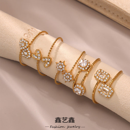 B廠【A762】ins小眾超閃5A鋯石幾何開口戒指組合不鏽鋼鍍18k真金食指戒 25.06-4