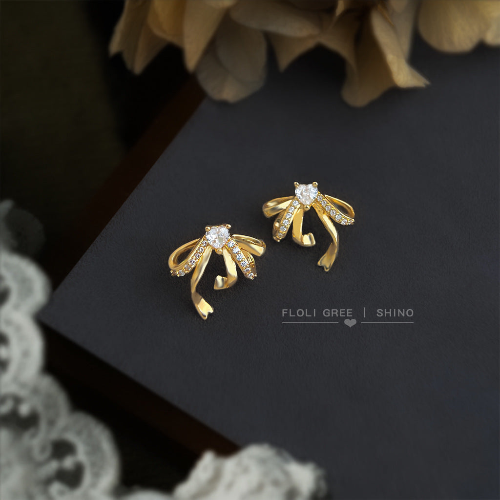 C廠【6953】微鑲鋯石立體飄帶蝴蝶結鋯石925銀針耳環 時尚高級感新款耳飾
 25.10-4