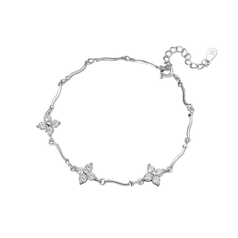F廠【DQ0353S】小清新S999足銀四葉草手鍊女鑲鋯石輕奢設計感通勤百搭銀手飾 25.05-3