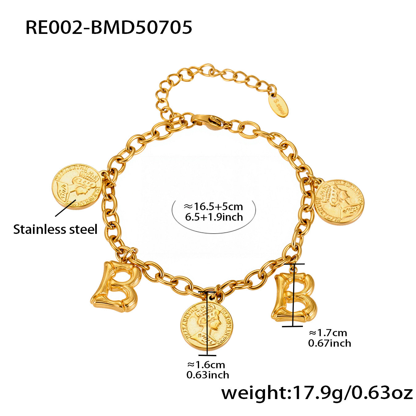 B廠【RE002】歐美飾品不鏽鋼26個字母伊莉莎白女王圖像手鍊鍍18k金色保色 25.07-3
