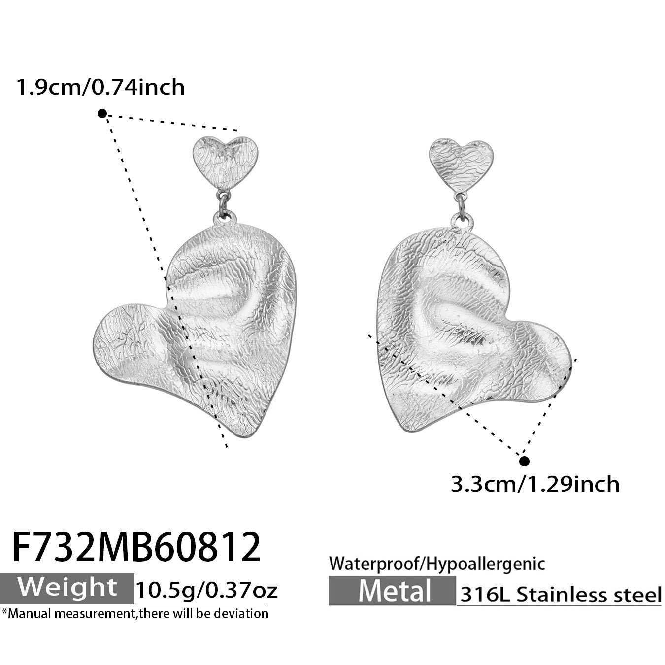 B廠【F732】新款小眾錘紋愛心不銹鋼316L耳環時尚百搭流蘇飾品心形耳環女
26.08-3
