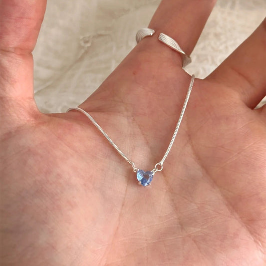 F廠【DQ0862N】S925銀清透海藍愛心鎖骨鏈輕奢小眾ins迷你心形蛇骨鏈項鍊女 25.06-2