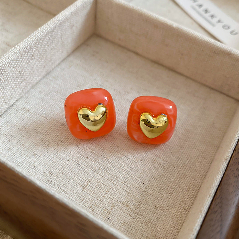 A廠【HE25109】925銀針方形愛心壓克力耳環女春季清新耳環女復古氣質耳環小眾高級感 25.03-1