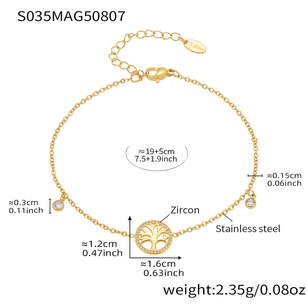 B廠【S035】跨境飾品時尚簡約生命樹鑲鋯石腳鍊不鏽鋼鍍18k真金不掉色 25.08-3