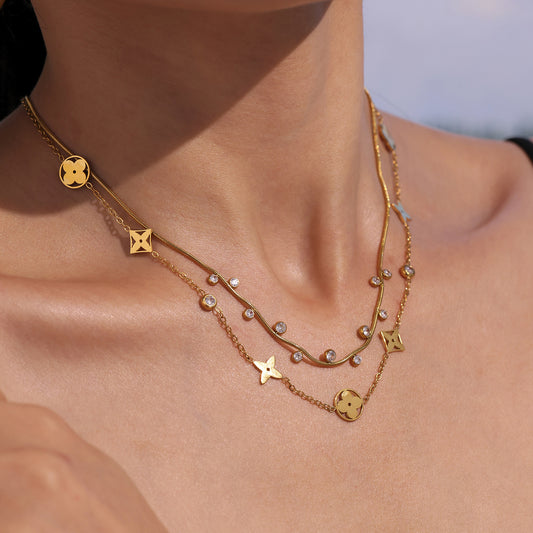 B廠【P1267】新款5A鋯石四葉花帶鑽鎖骨項鍊不鏽鋼材質鍍18k金保色飾品 25.05-2