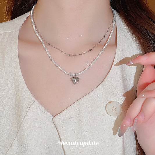 A廠【HN9286】珍珠愛心吊墜雙層項鍊時尚簡約小眾設計感鎖骨鏈輕奢高級感頸鍊女 25.06-4
