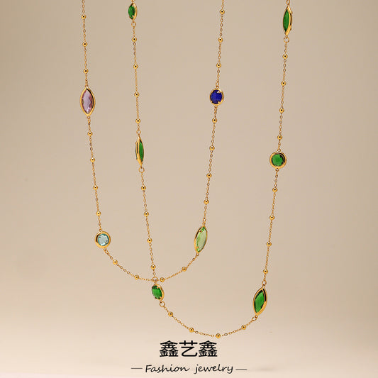 B廠【P2157】歐美飾品不鏽鋼長切面捷克玻璃項鍊女簡約輕奢風精緻項鍊 25.06-2