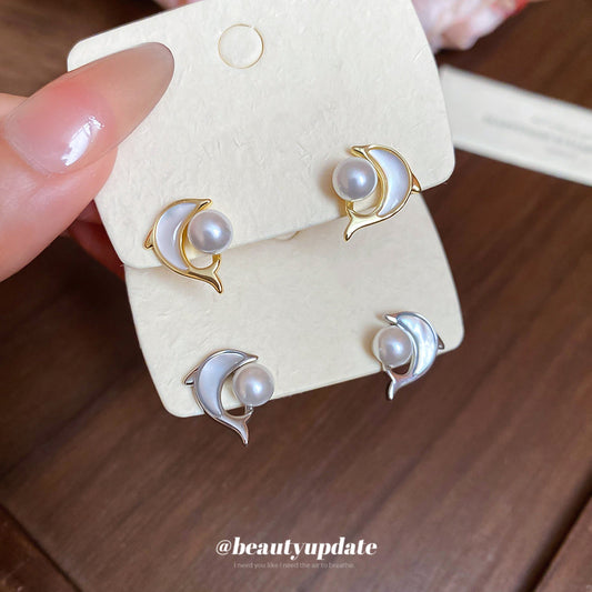 A廠【HE27024】925銀針海邊度假風貝母海豚珍珠耳環歐美個性百搭耳環小眾設計感耳飾 25.06-2