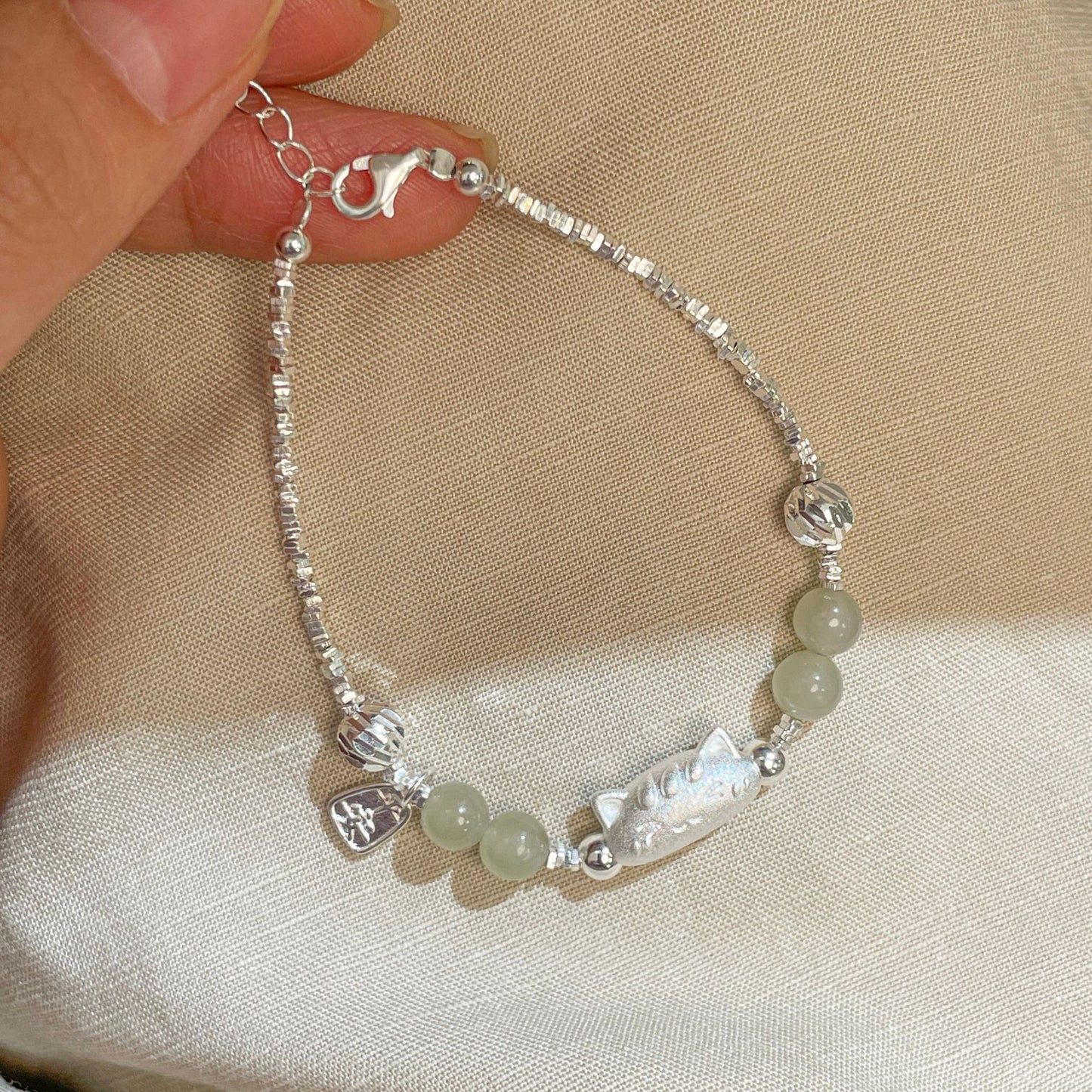 F廠【DQ0493S】S925純銀法棍貓天然與田玉手鍊S925純銀碎銀子小眾精緻手飾女
 25.10-4