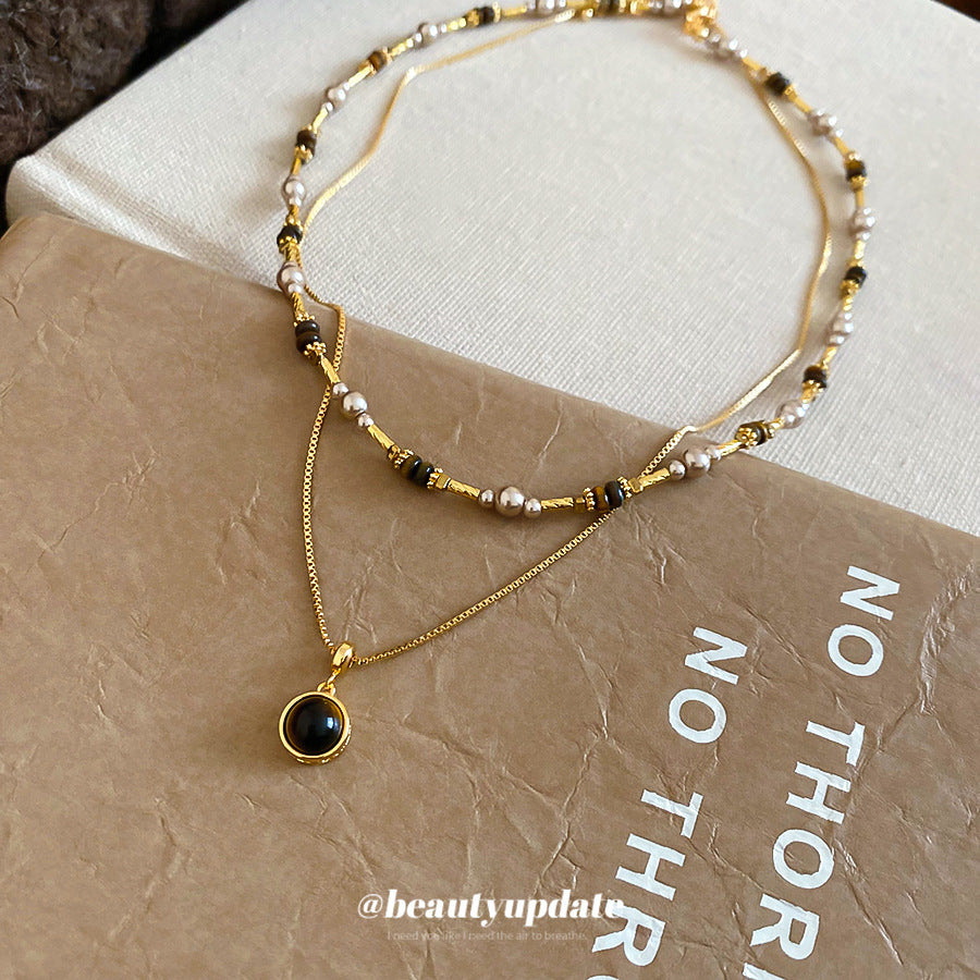 A廠【HN10420】18k真金電鍍虎眼石珍珠串珠項鍊美拉德高級感鎖骨鏈復古國潮頸鍊
 25.10-5