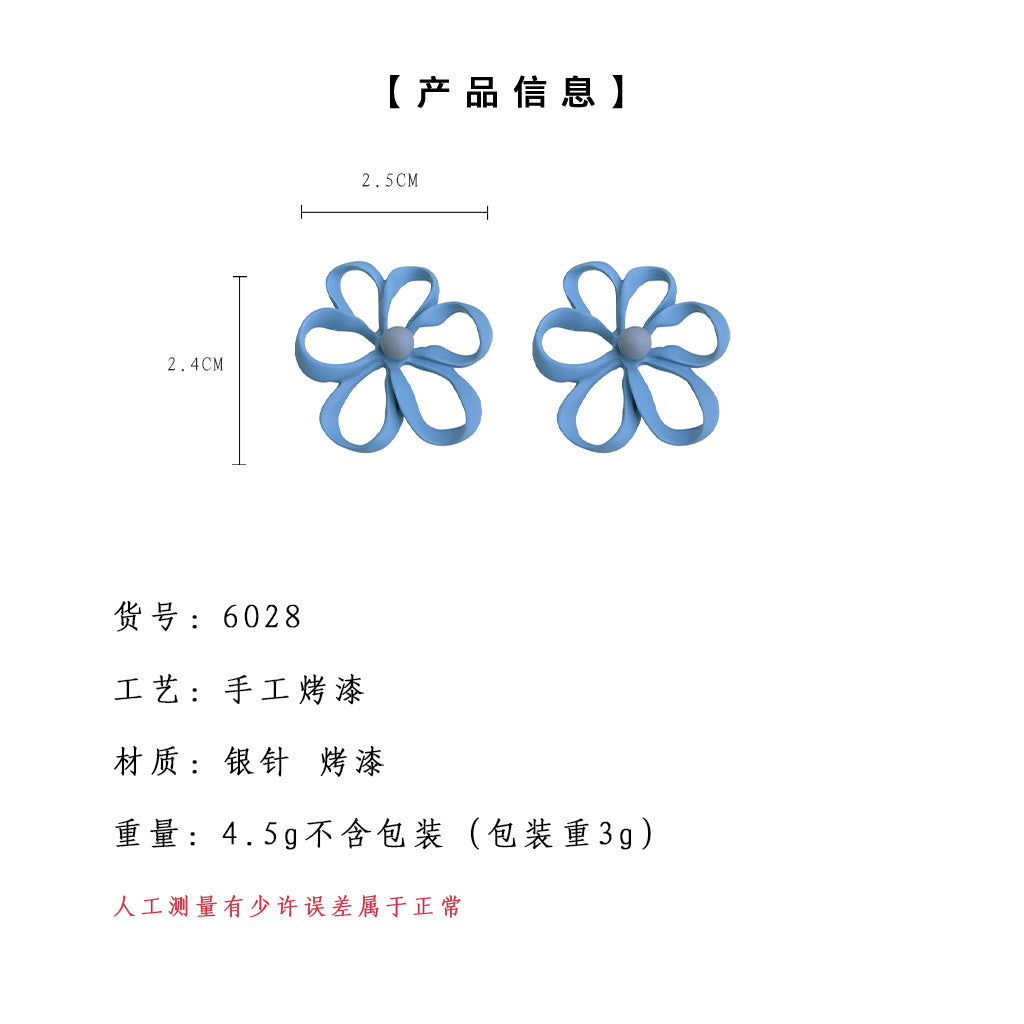C廠【6028】清新甜美夏日新款氣質優雅奶藍色烤漆花朵鏤空耳環耳環飾品女 25.05-3