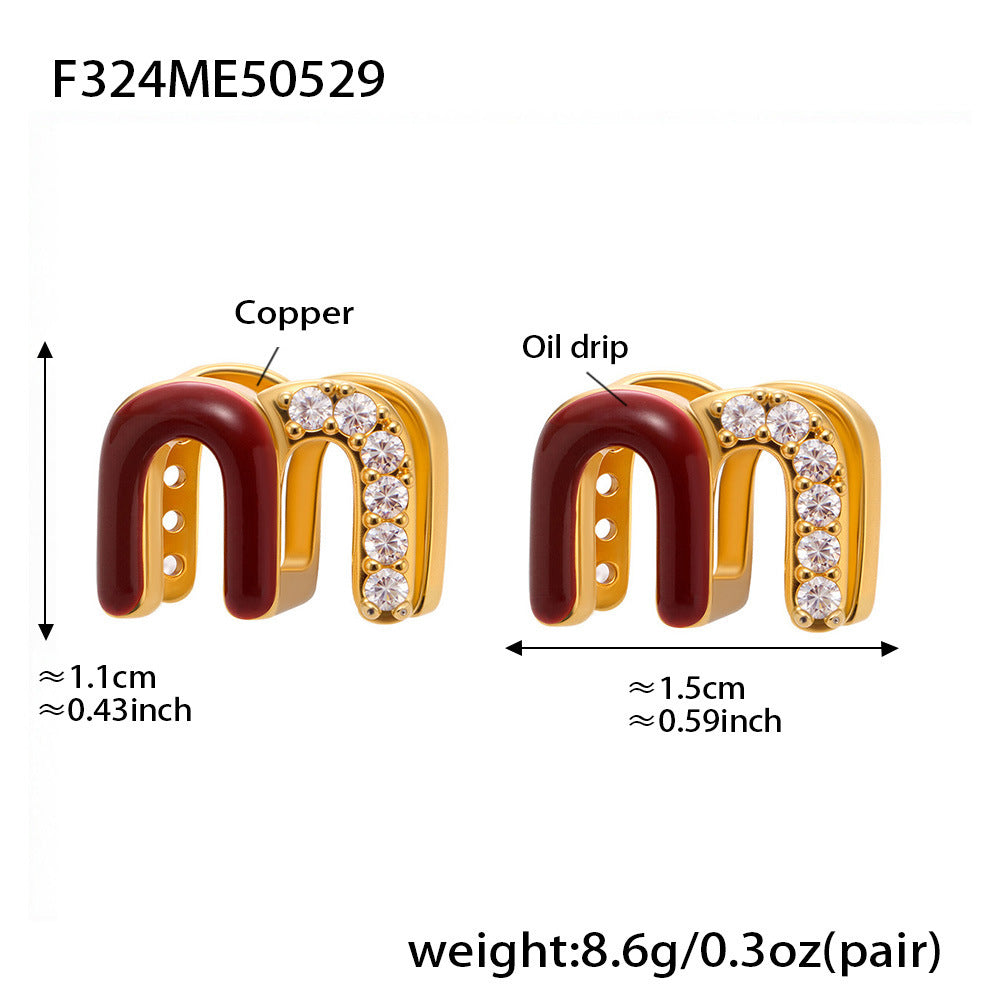B廠【F324】歐美新款雙M帶鑽鋯石安哥拉紅滴油耳扣銅材質鍍18k真金保色 25.06-1