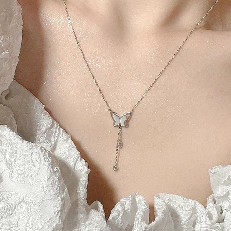 F廠【DQ1231N】S925純銀輕奢小眾貝殼蝴蝶項鍊女精緻氣質閃鋯流蘇ins鎖骨鏈
 25.10-4