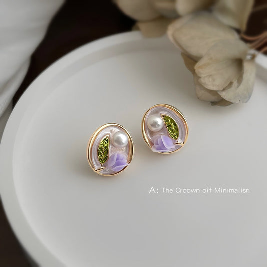 C廠【6688】文藝復古紫色鬱金香手工彩繪琺瑯滴釉925銀針新款耳飾 油畫感耳釘
 25.09-1