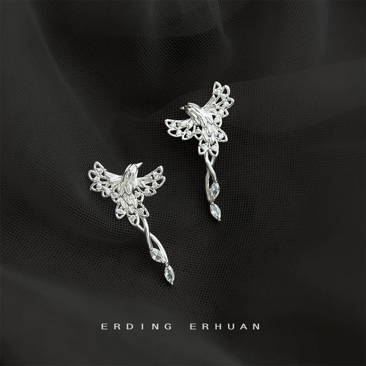 C廠【6854】原創鳳舞~微鑲鋯石925銀針鍍厚銀鳳凰鳥耳環女輕奢風個性小眾耳飾
 25.10-3
