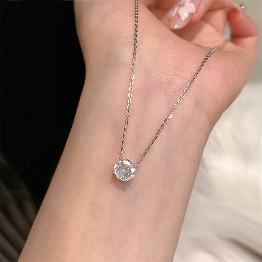 F廠【DQ1175N】S925純銀輕奢小眾玫瑰切閃鑽項鍊女氣質高級感鋯石花朵鎖骨鏈
 25.09-2