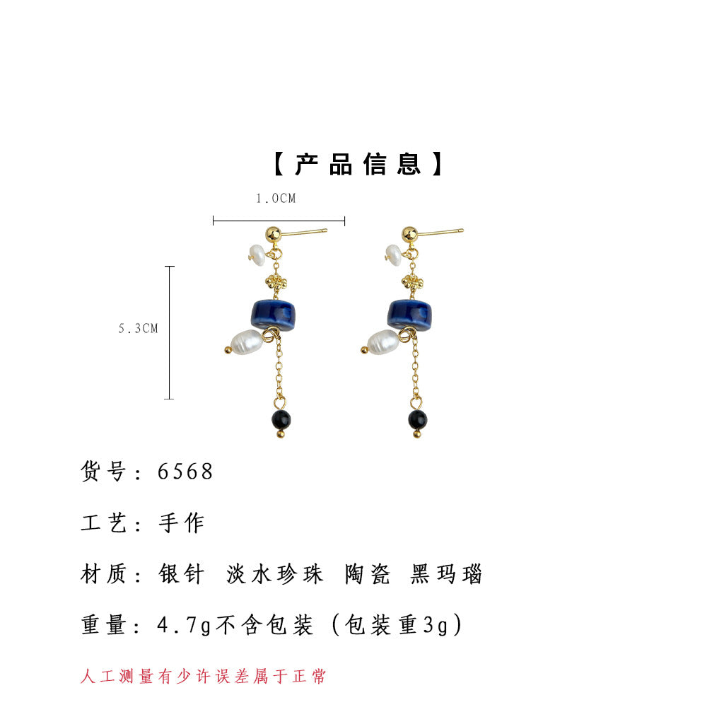 C廠【6568】天然淡水珍珠陶瓷手工耳環原創設計文藝復古民族風國潮耳飾女 25.08-3