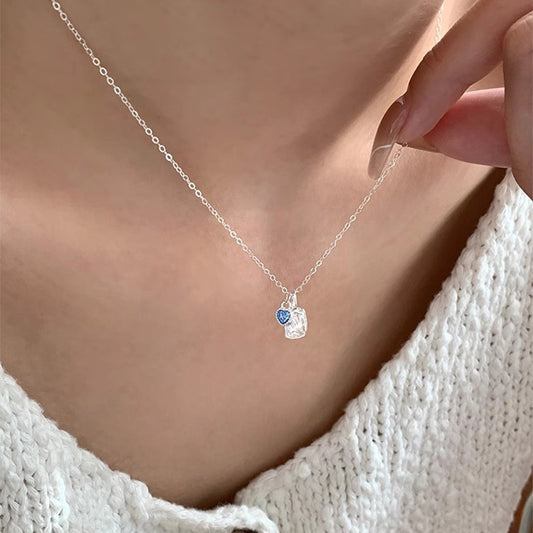 F廠【DQ1705N】簡約小眾不規則感紋理方牌項鍊女S925純銀愛心藍鋯鎖骨鏈ins 25.04-1