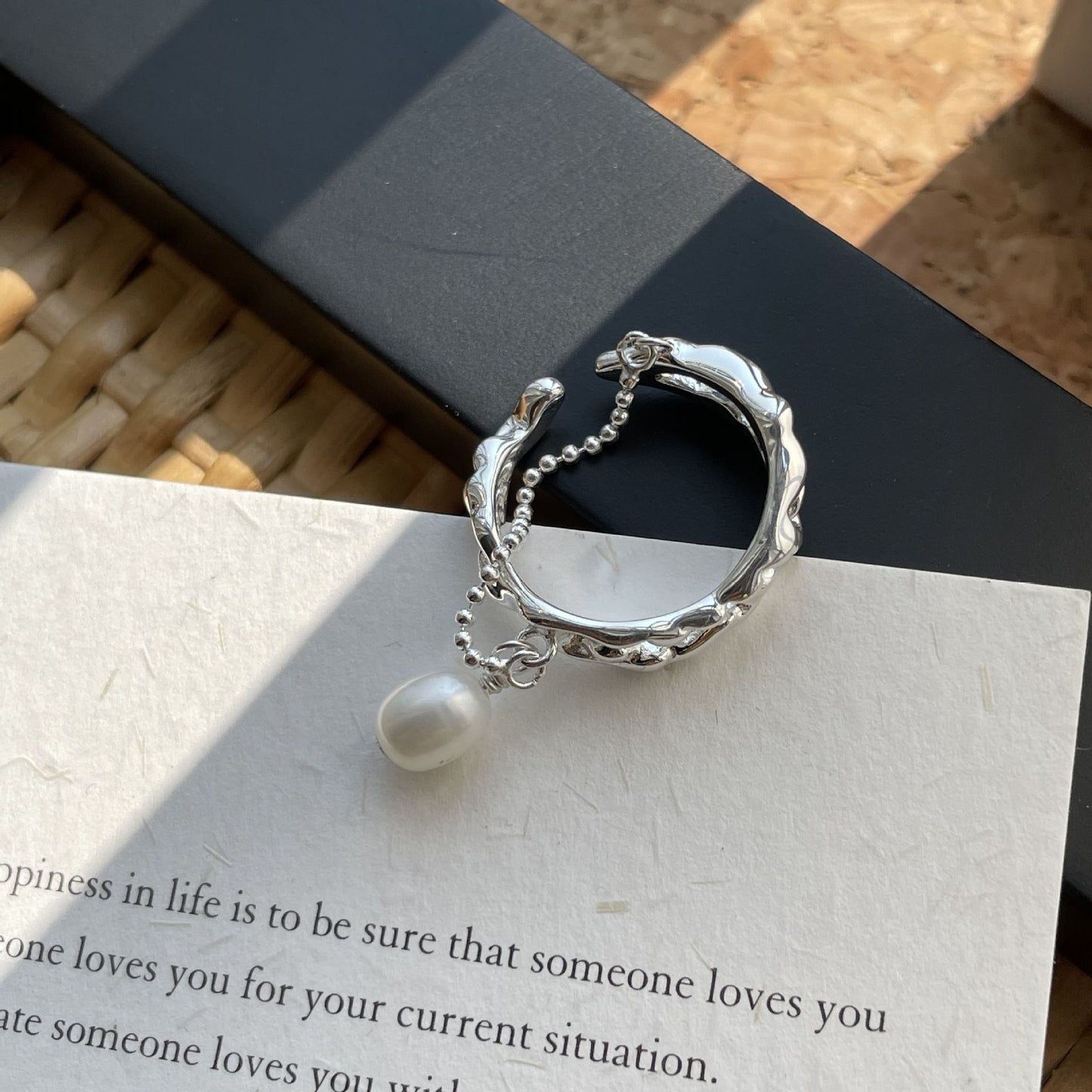 F廠【DQ8006R】S925純銀天然月光石白水晶戒指女韓版高級感雙層珍珠疊戴指環 25.06-1