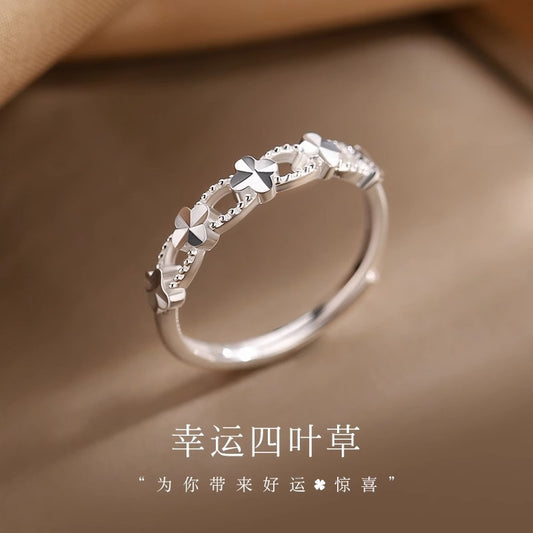 F廠【DQ8056R】足銀999幸運四葉草戒指女韓版簡約鏤空花朵簡約森系開口指環 25.05-2