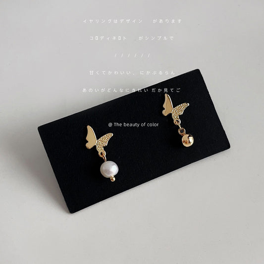C廠【2530】淡水珍珠925銀針鍍14K手工設計感蝴蝶耳環氣質清新甜美耳飾耳環女 25.06-4
