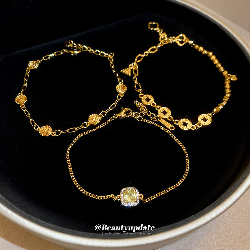 A廠【HB3537】24k真金電鍍沙金鋯石銅錢手鍊女新中式氣質手環輕奢高級感手飾女 25.03-1