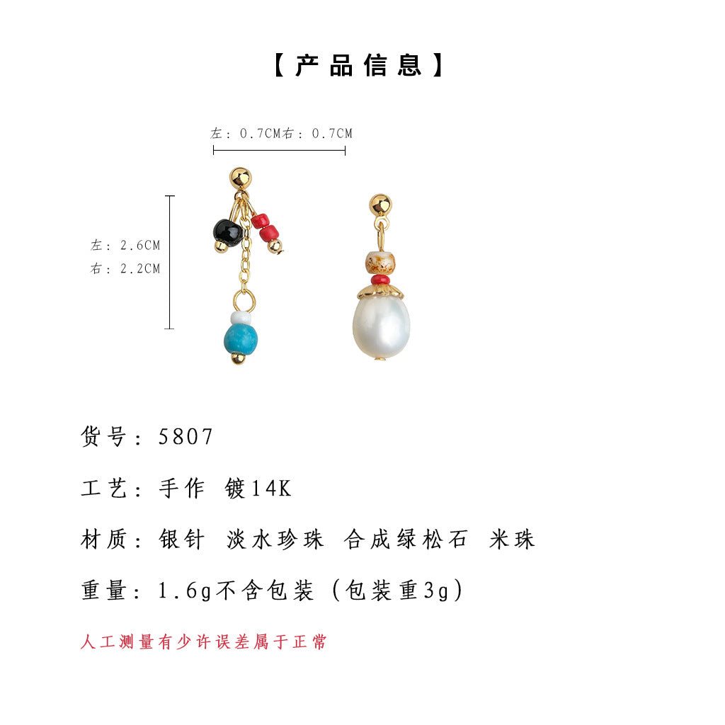 C廠【5807】手工作品~淡水珍珠不對稱設計師款民族風米珠耳環場景耳環飾品女 25.04-1