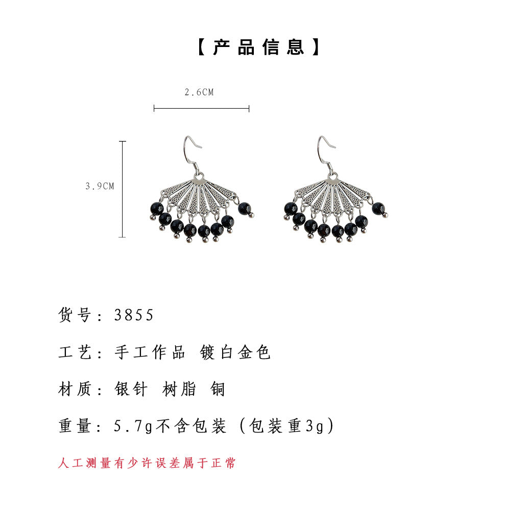 C廠【3855】民族風實物很美~扇形流蘇黑色氣質優雅耳環手工925銀針耳環 24.04-2