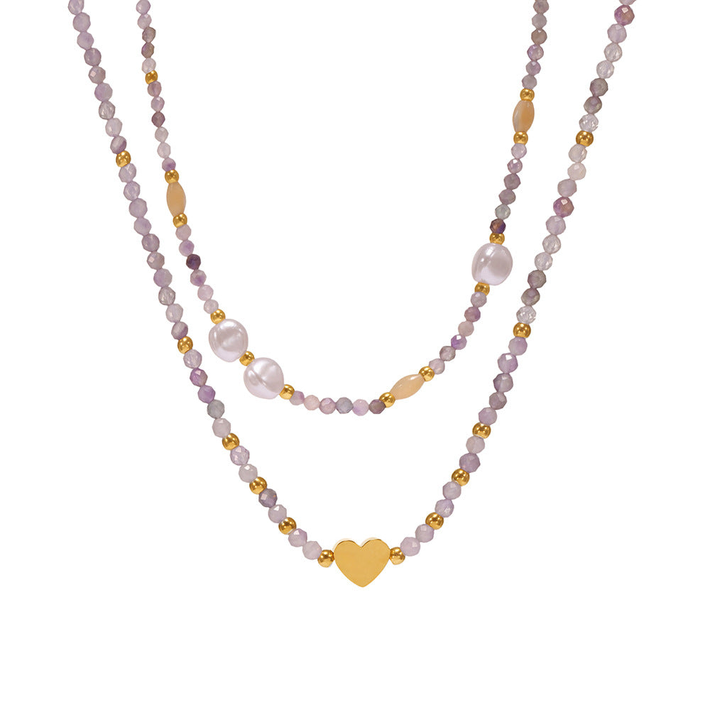 B廠【P1336】歐美不鏽鋼愛心吊飾切面天然石串貝珠項鍊ins輕奢個性項鍊飾 25.05-2