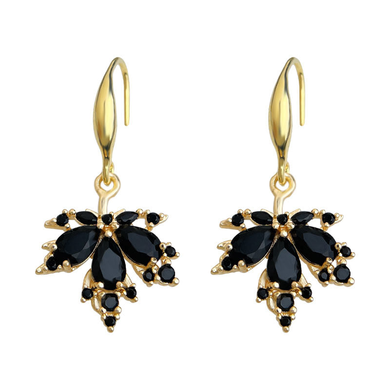 C廠【6966】鋯石楓葉電鍍14K時尚輕奢風高級感黑色樹葉耳環 氣質通勤耳飾
 25.10-4