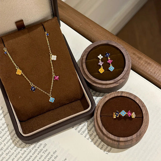 F廠【DQ1246N】S925純銀彩色四葉花項鍊女多巴胺四葉草戒指輕奢小眾耳環首飾
 25.08-5