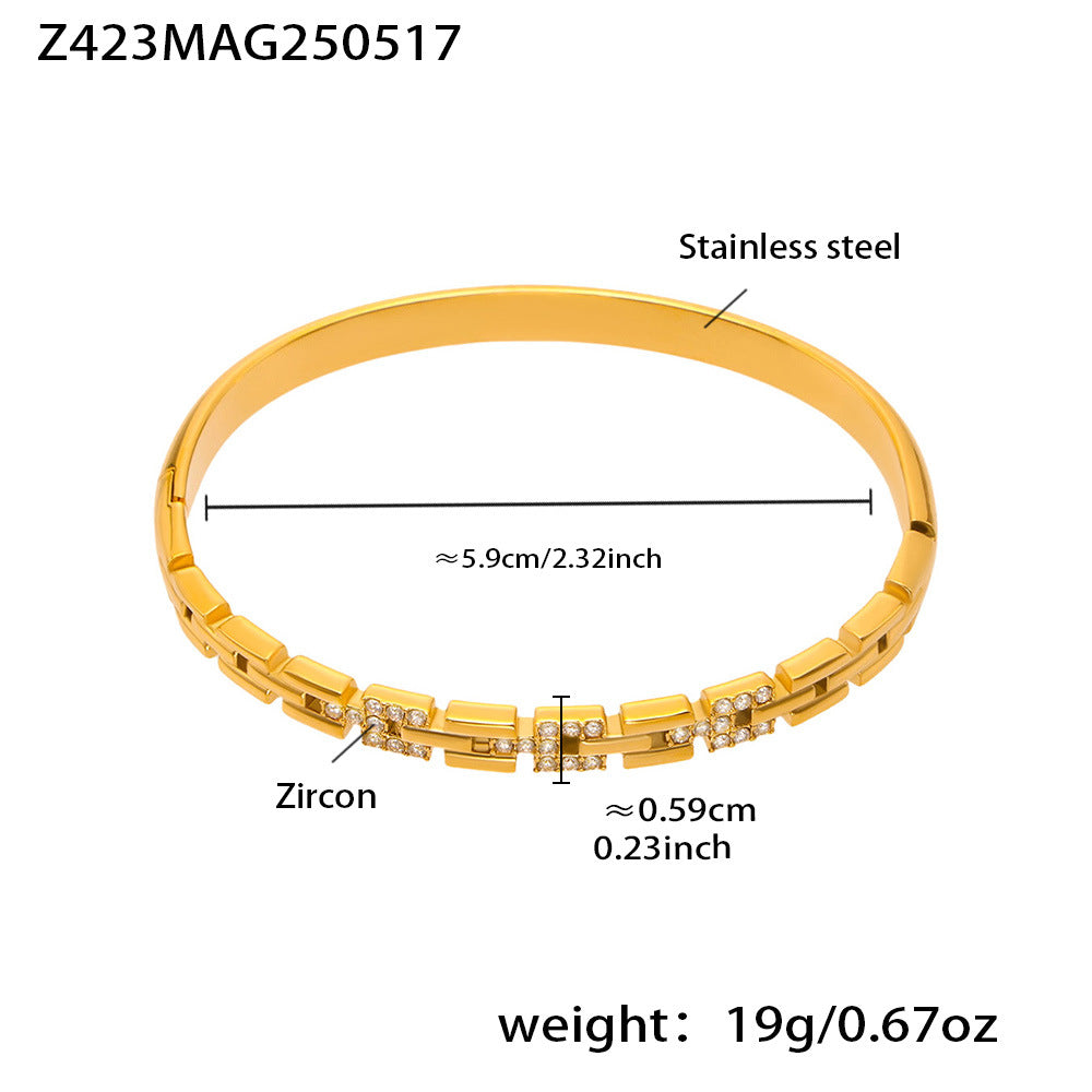B廠【Z423】新款5A鋯石長城紋帶鑽超閃卡扣手鐲不鏽鋼鍍18k真金手鐲子潮 25.05-4