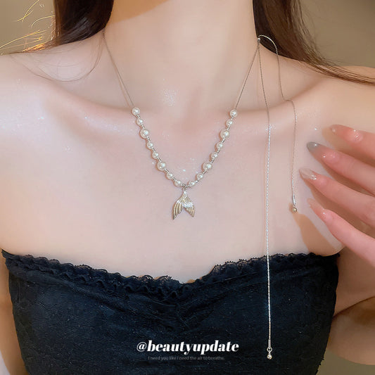 A廠【HN9014】海邊度假風玻璃珍珠魚尾吊墜抽拉式項鍊時尚小眾鎖骨鏈百搭項鍊飾女 25.06-2