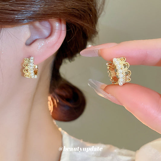 A廠 【HE26230】皇冠蕾絲花邊珍珠耳扣2025新款百搭耳環輕奢高級感耳飾設計感小眾 25.05-4