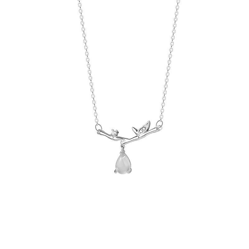 F廠【DQ0542N】足銀999新中式竹節白瑪瑙項鍊女輕奢小眾竹葉水滴吊墜鎖骨鏈 25.06-1