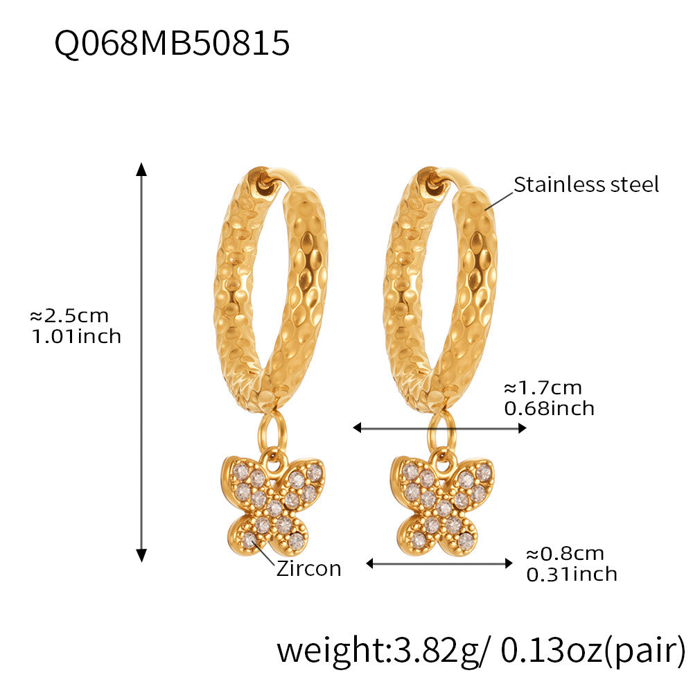 B廠【Q062】歐美飾品不銹鋼蝴蝶吊墜帶鑽耳環鍍18k真金跨境熱銷耳飾女 25.08-5