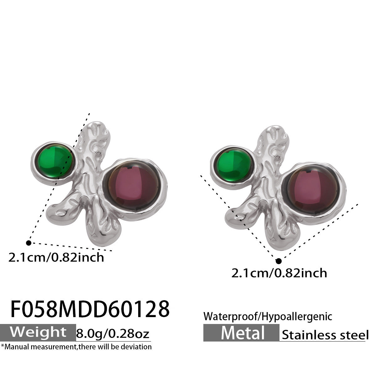 B廠【F058】ins小眾輕奢設計感紅綠寶石幾何耳環歐美跨國時尚耳環不鏽鋼鍍金
26.02-1