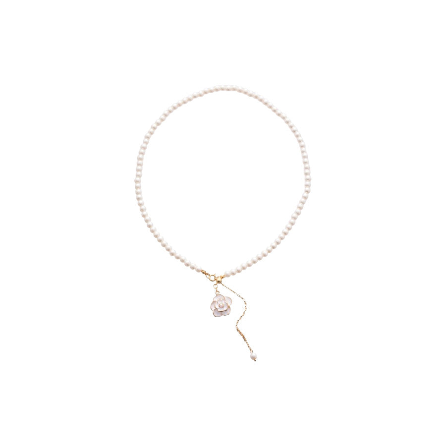 A廠【HN8901】滴油山茶花珍珠吊墜項鍊法式優雅高貴氣質鎖骨鏈輕奢高級感項鍊飾女 25.05-5