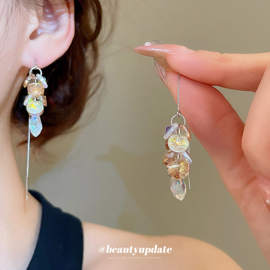 A廠【HE27185】925銀針玻璃流蘇圓形吊墜耳線時尚通勤小眾百搭耳環輕奢高級感耳飾女 25.06-3