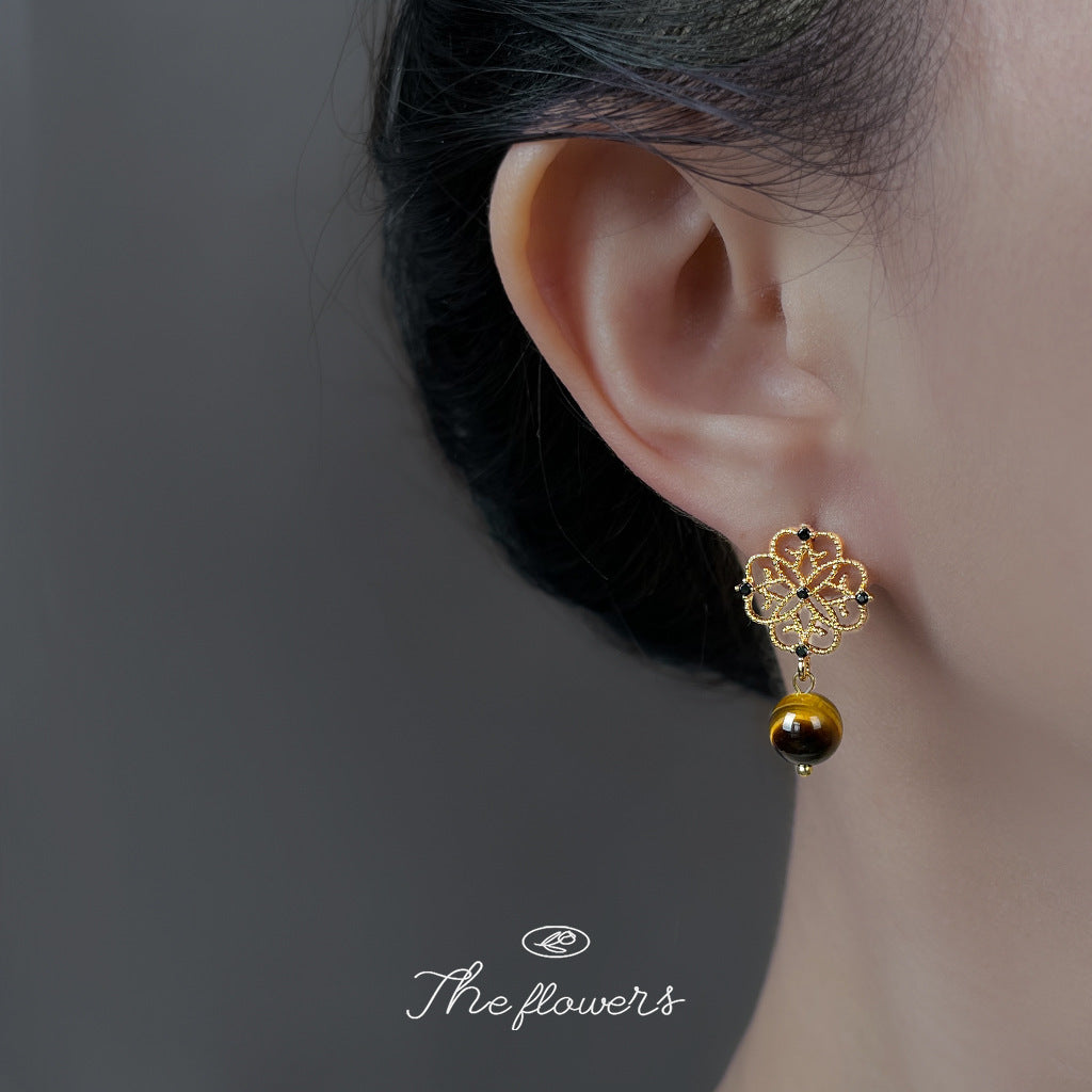 C廠【6952】高級感虎眼石微鑲鋯石925銀針不對稱設計時尚紋理幾何耳飾 耳環女
 25.10-4